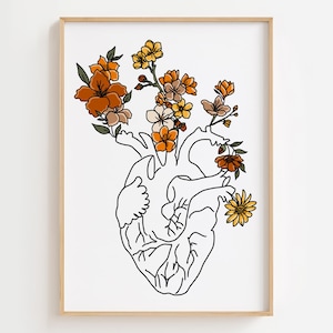 Estampa de coração floral, pôster de anatomia do coração, arte de anatomia de flores, decoração de consultório de cardiologia, presente de formatura de médico, presente de faculdade de medicina