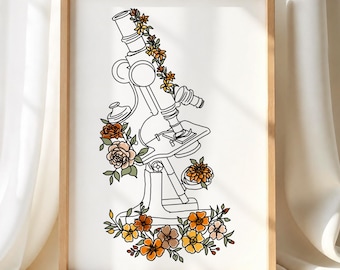 Impressão artística de microscópio floral - Decoração de parede para laboratório de patologia
