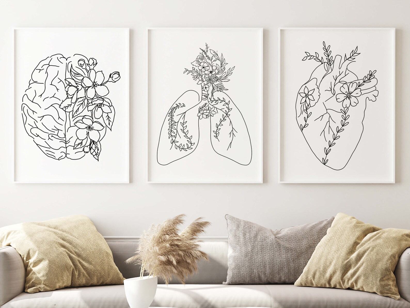 Black and White Floral Anatomy Print Set - Brain Lungs Heart Medical ...
