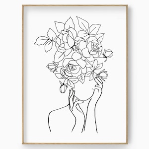 Flower Head Female Line Art, Rose Head Woman Wall Art, Woman Line Art Poster, Woman Head Poster, Flower Woman Print, Printable Line Art