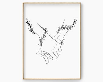 Hand Line Drawing Print, Holding Hand Line Art, Couple Hand Sketch Print, Hand Wall Art, Fine Line Art, One Line Poster, Holding Hand Print