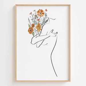 Arte lineal de figura de mujer, póster de cabeza de flor, impresión de dibujo lineal de mujer, arte de cabeza de flores, ilustración de mujer con flores, arte lineal de figura femenina