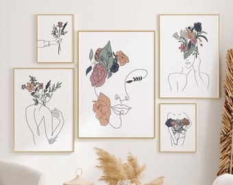 Gallery Wall Woman Set, Woman Flower Line Art Print, Set of 5 Prints, Flower Head Poster Bundle, Woman Line Drawing Set, Gallery Art Print