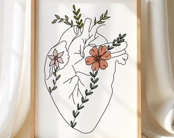 Floral Anatomical Art Print - Minimalist Human Heart Poster