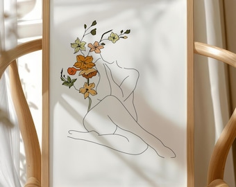 Body Positive Floral Woman Line Art Print for Self Love and Feminine Decor