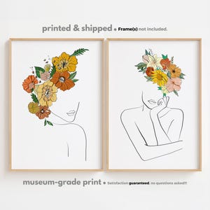Ensemble d'affiches d'art femme fleur capitule, dessin au trait femme fleur colorée, art mural capitule de fleurs, art mural figure féminine, dessin au trait minimal