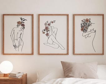 Floral Woman Line Art Print Set - Minimalist Female Figure Poster Set of 3