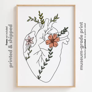 Floral Heart Line Art Print, Anatomy Wall Art, Human Heart Poster, Medical Art Print, Anatomical Art, Medical Student Gift, Gift for Doctor