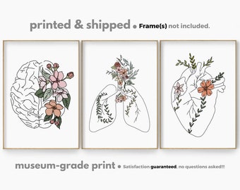 Floral Medical Poster Set of 3, Flower Anatomy Art Print Set, Brain Lungs Heart Wall Art, Woman Empowered Art, Gift for Nurse, Doctor Gift