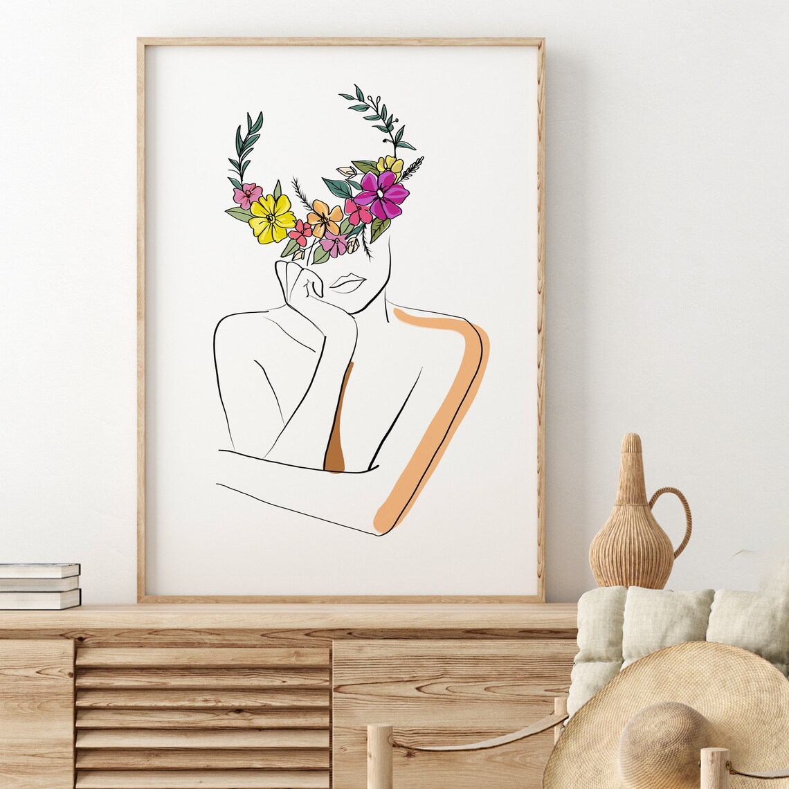 Flower Head Woman Wall Art Head of Flower Art Print Woman Etsy