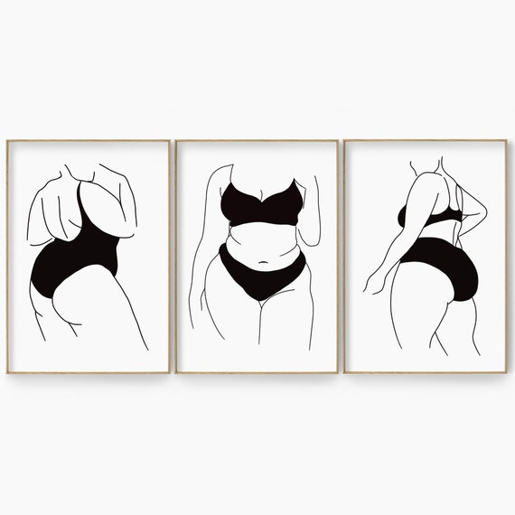 Body Positive Print Set, Curvy Woman Poster, Nude Female Line Art
