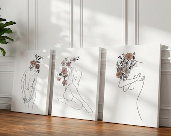Floral Woman Line Art Print Set - Minimalist Female Figure Poster Set of 3