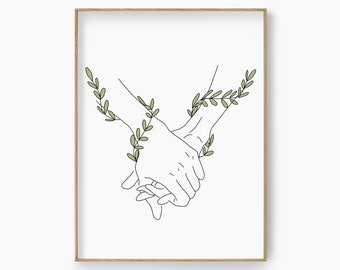 Lovers Ivy Hand Line Art, One Line Drawing Hand, Holding Couple Hand Print, Ivy Lovers Hand Art, Minimal Fine Wall Art, Hands Printable Art