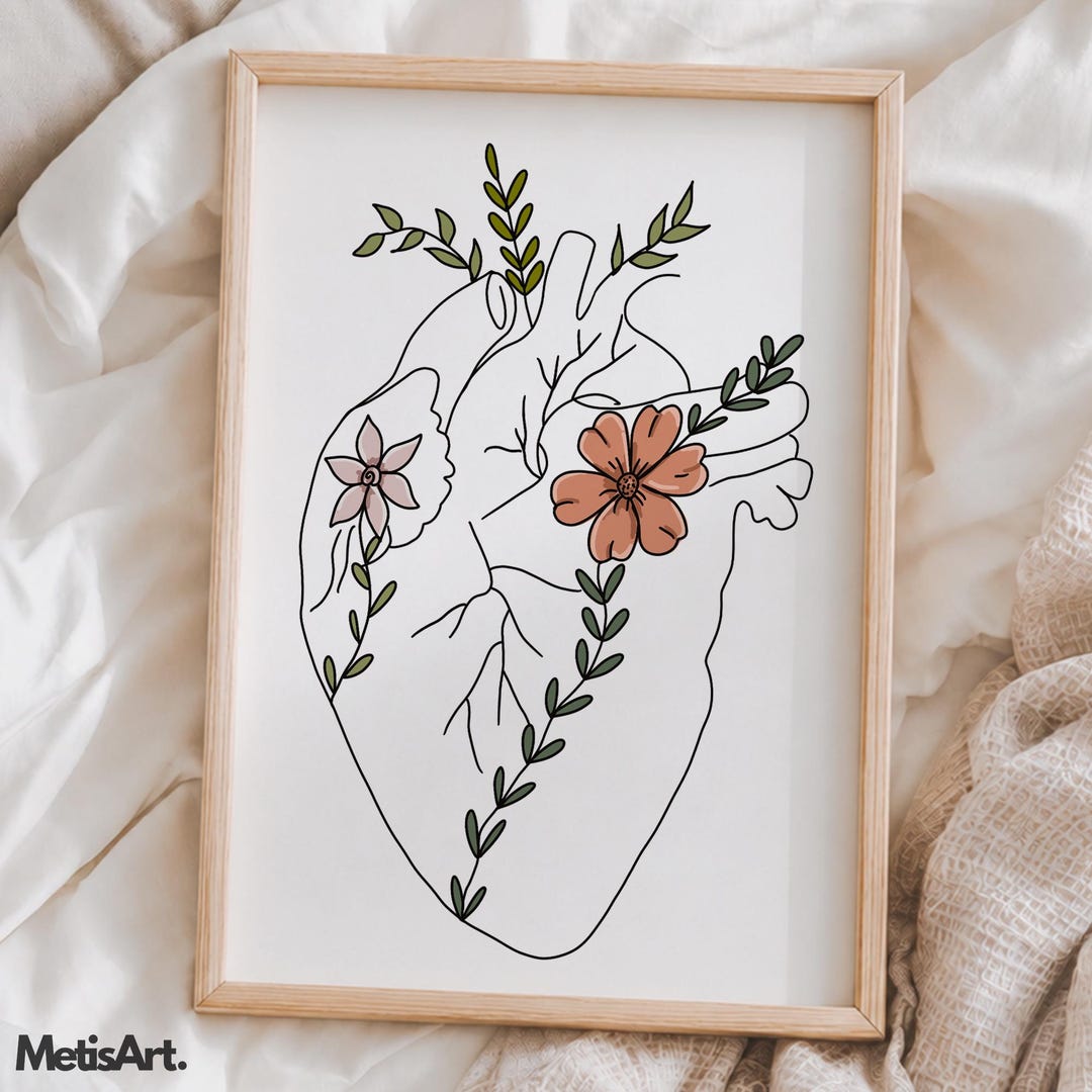 Floral Heart Anatomy Line Art Print - Cardiologist and Medical Office ...
