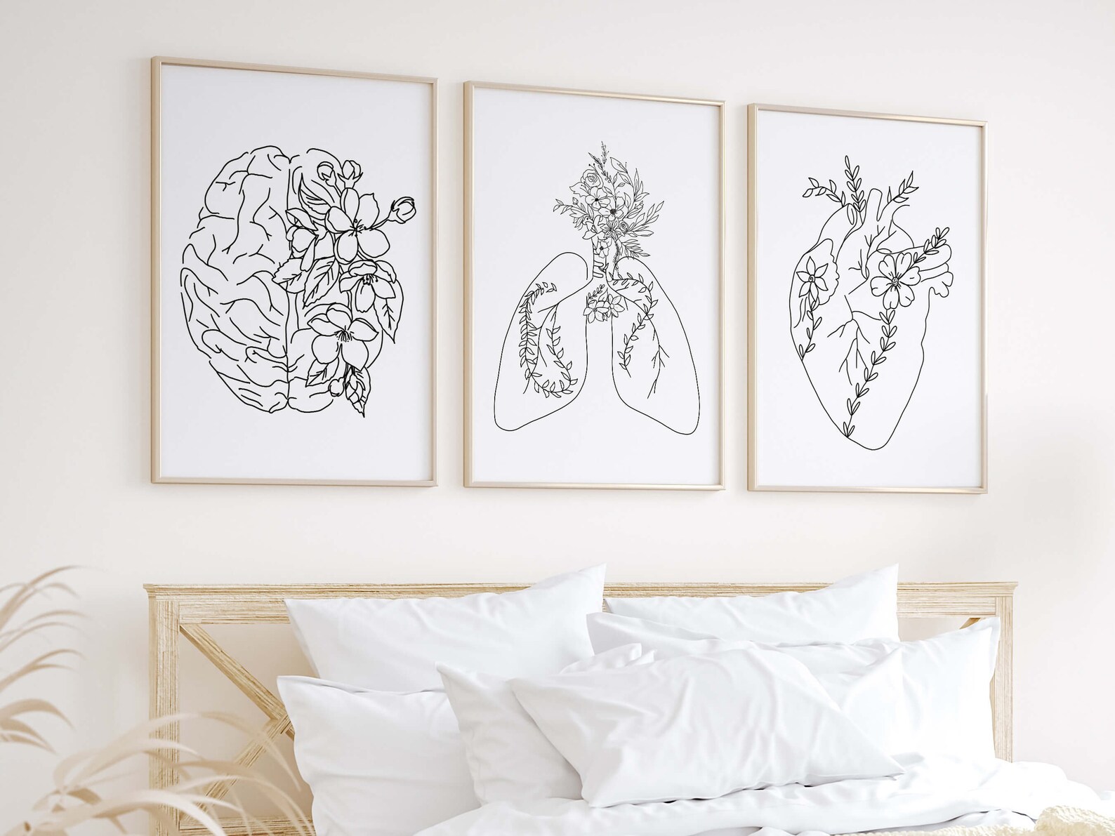 Black and White Floral Anatomy Print Set - Brain Lungs Heart Medical ...