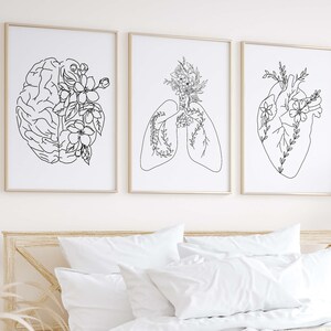 Black and White Floral Anatomy Print Set - Brain Lungs Heart Medical ...