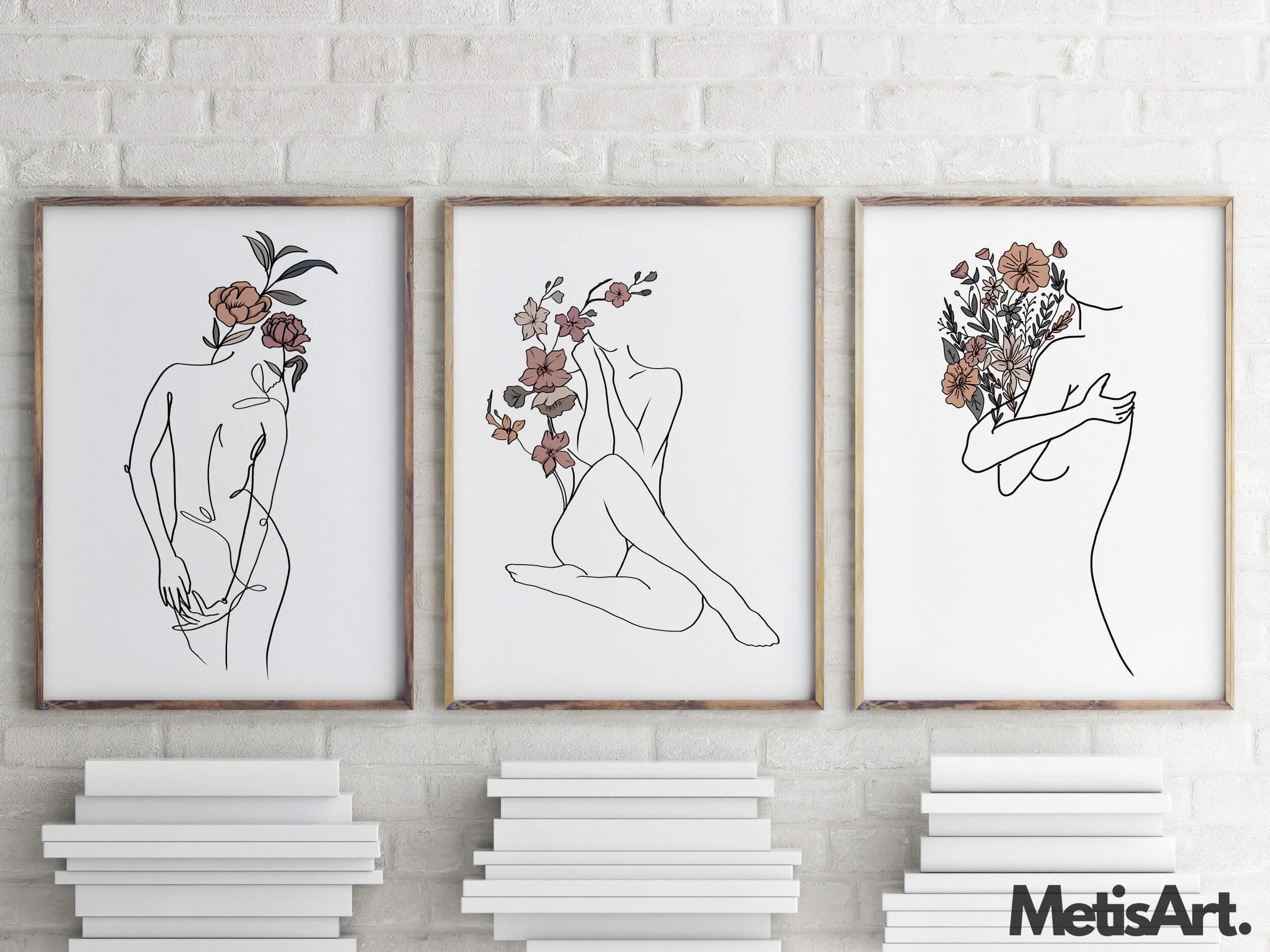 Flower Woman Line Art Print Set: Minimalist Body Positive Wall Decor - Etsy