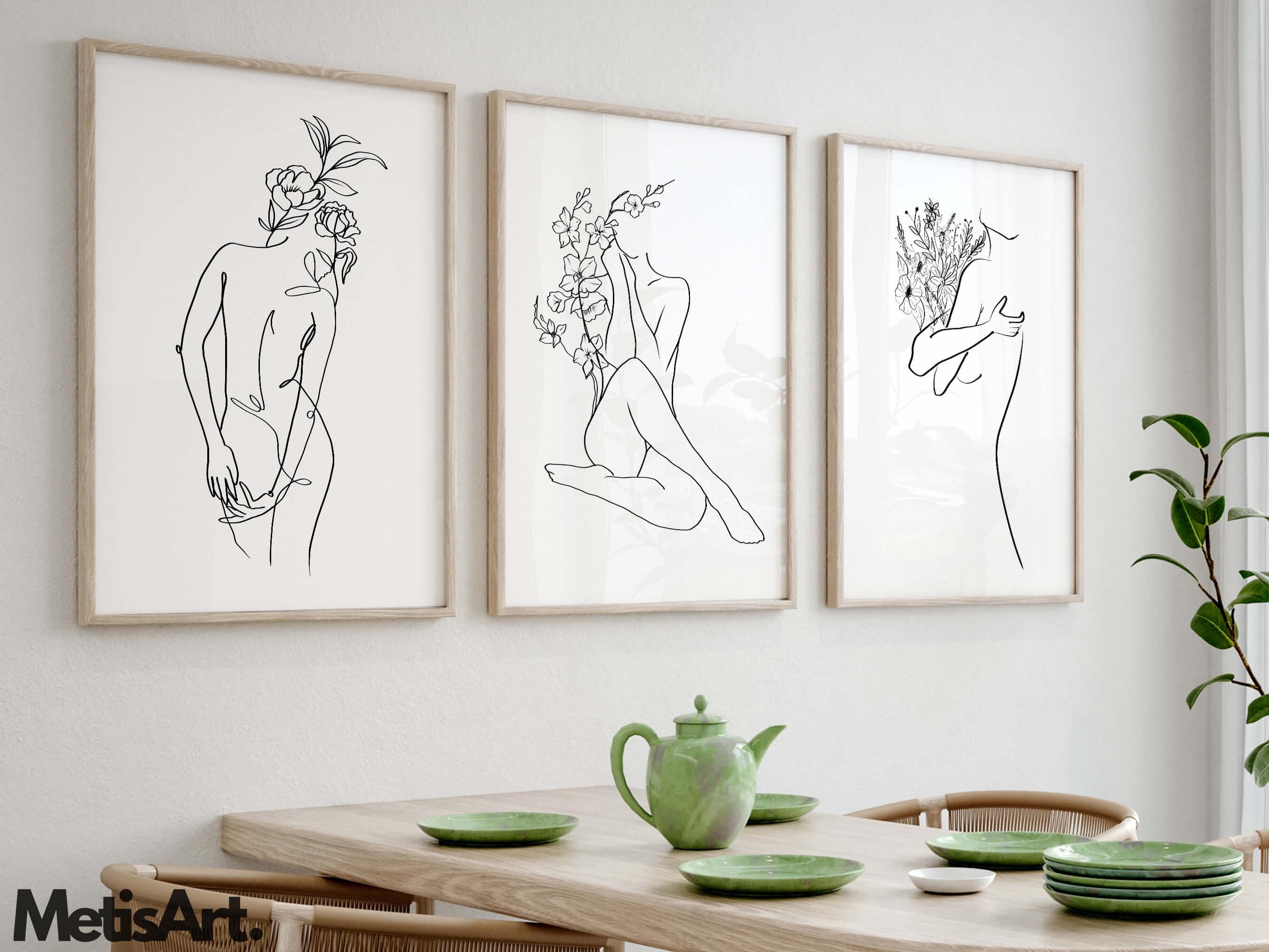 Floral Woman Boho Line Art Print Set - Minimalist Feminine Wall Decor ...