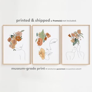 Ensemble d'art femme fleur, dessin au trait femme floral, ensemble d'affiches d'art mural femme, impression d'art féminin, impression de capitules, lot de 3 impressions d'art bohème