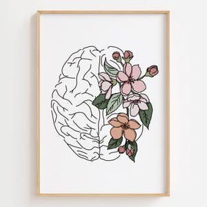 Impression d'art cerveau, affiche florale de cerveau, art mural anatomie du cerveau humain, décoration murale de bureau de psychiatre, cadeau pour psychologue, impression d'art médical