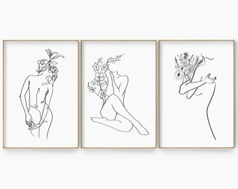 Flower Naked Woman Line Art Set, Abstract Woman Body Line Drawing , Feminist Wall Art Set, Feminine Woman Poster Set, Minimal Empower Print
