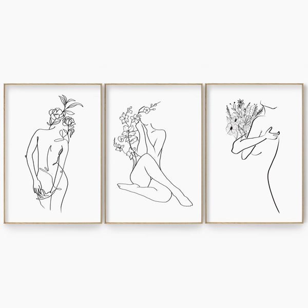 Flower Naked Woman Line Art Set, Abstract Woman Body Line Drawing , Feminist Wall Art Set, Feminine Woman Poster Set, Minimal Empower Print