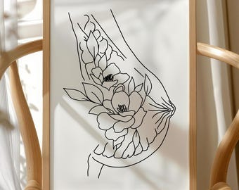 Lámina decorativa con motivos florales de la anatomía mamaria - Decoración de pared para consultorio de mamografía - Regalo para doulas