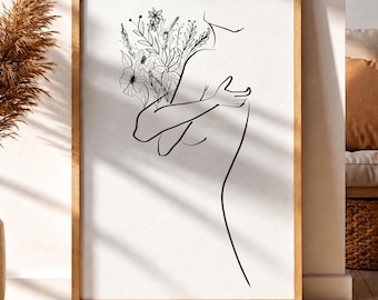 Self Love Woman Art Print - Floral Minimalist Line Drawing Poster
