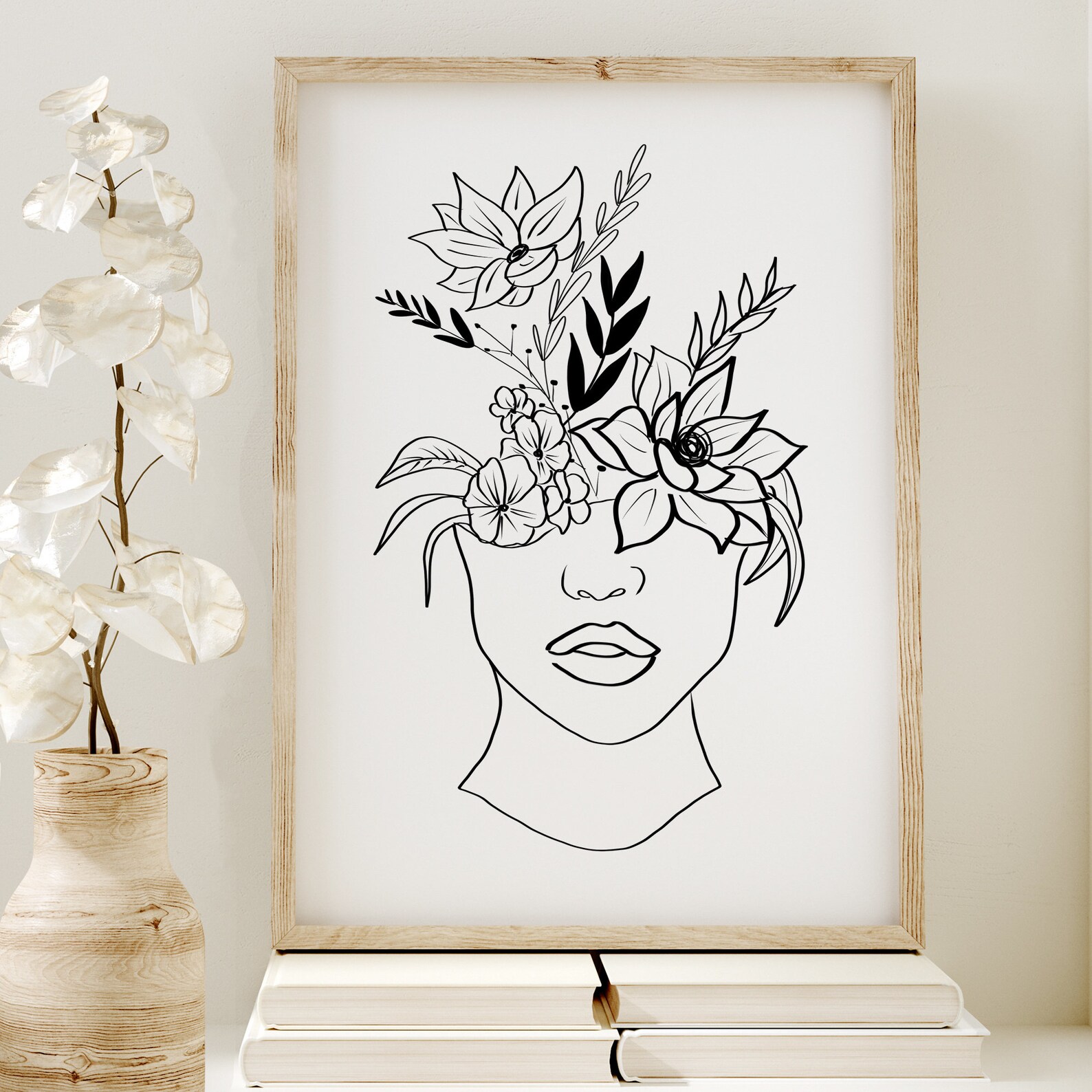 Head of Flowers Art Print Line Art Woman With Flowers Flower Etsy