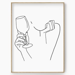 Wine Line Art Print , Wine Woman Wall Art, Wine Wall Poster, Kitchen Wall Decor, Kitchen Wall Art, Feminine Wine Hand Art, Wine Lover Art