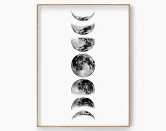 Moon Phases Wall Art Print, Black and White Moon Poster, Lunar Art Print, Minimalist Celestial Poster, Moon Printable, Scandinavian Wall Art