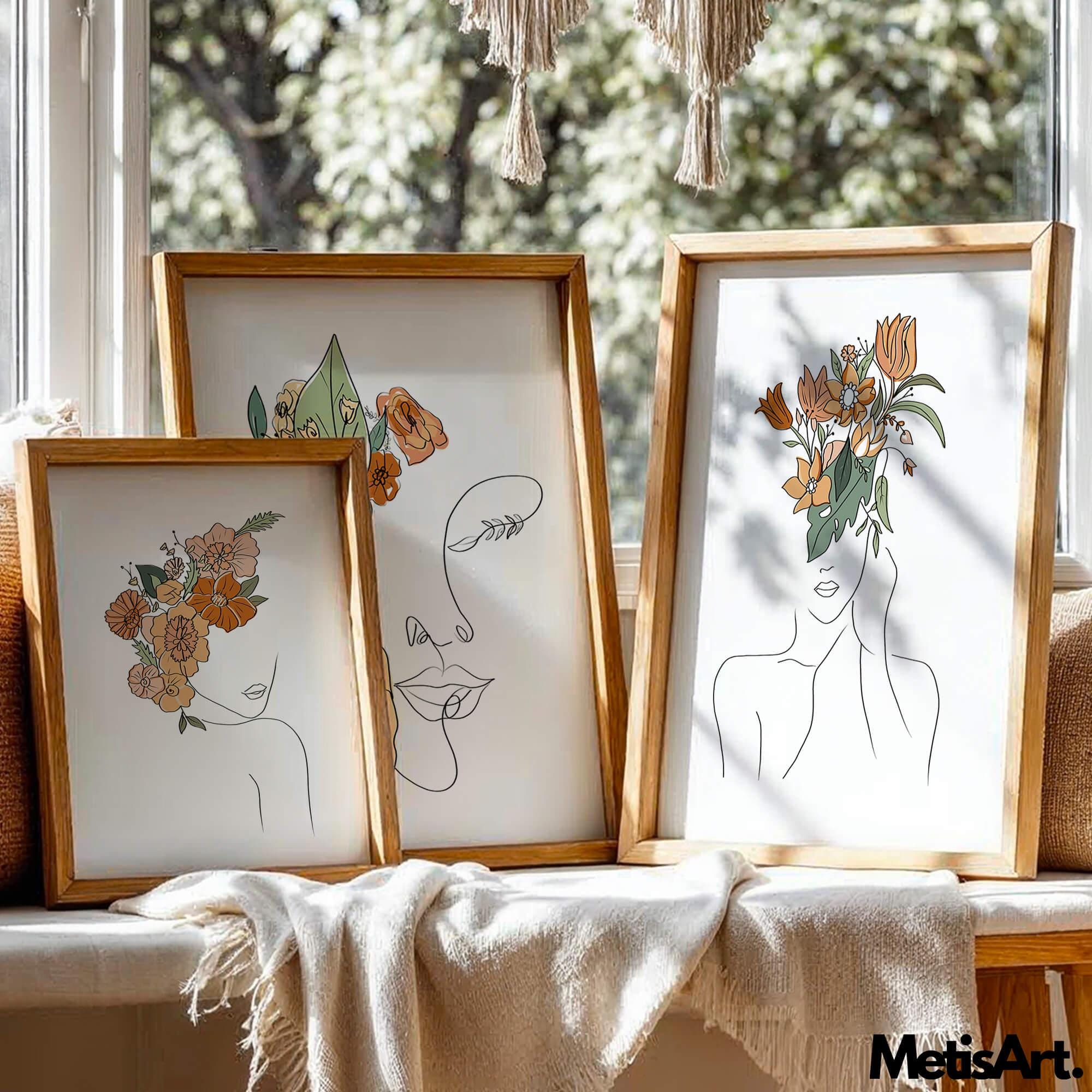 Floral Head Woman Line Art Set of 3 - Minimalist Botanical Portrait ...
