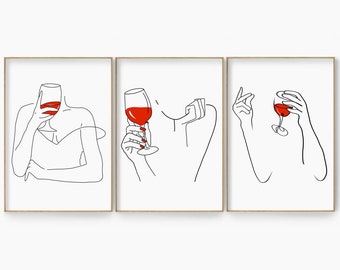 Wine Print Set Of 3, Gallery Bar Wall Art, Woman Wine Prints Wall Art, Wine Glass Woman Line Art, Colorful Alcohol Poster, Wine Art Print