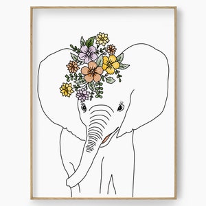 Baby Elephant Print for Kids Room Wall Decor, Floral Baby Animal Poster, Jungle Safari Nursery Elephant Art, Woodland Baby Animal Wall Art