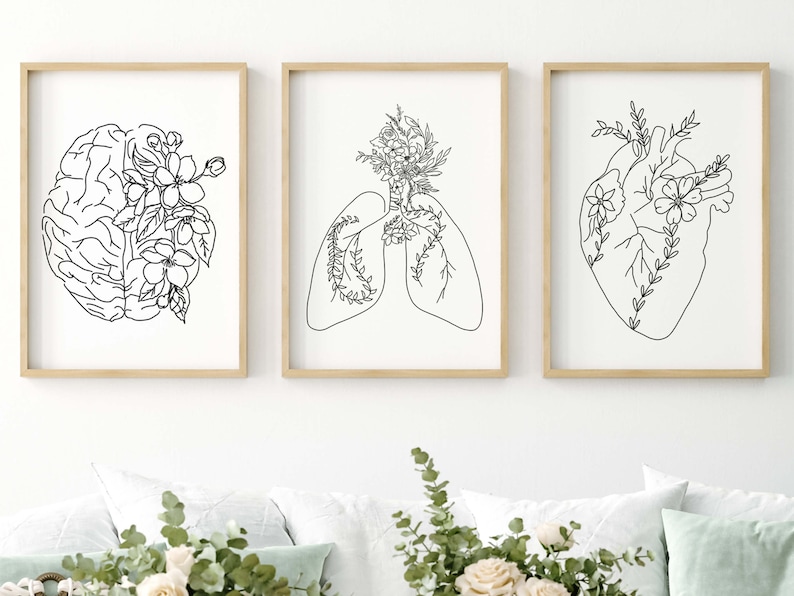 Black and White Floral Anatomy Print Set - Brain Lungs Heart Medical ...