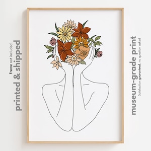 Impression d'art ligne tête de fleur, affiche abstraite capitule, dessin au trait fleur femme, art mural fleur tête de femme, dessin au trait femme minimal