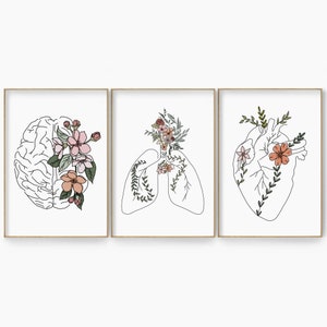 Floral Anatomy Line Art Set, Brain Art Print, Lungs Wall Art, Heart Art Poster, Set of 3, Medical Room Decor, Gift for Doctor, Psychology