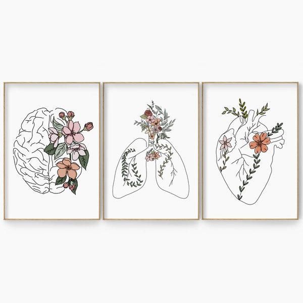 Ensemble d'art de ligne d'anatomie florale, impression d'art de cerveau, art de mur de poumons, affiche d'art de coeur, ensemble de 3, décor de salle médicale, cadeau pour le docteur, psychologie