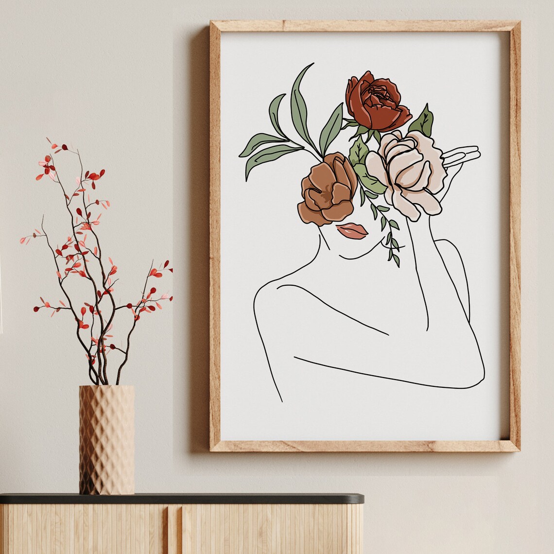 Flower Woman Line Art Sketch Fine Line Art Print Boho Woman Etsy