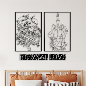 Skeleton Couple Metal Wall Art, Eternal Love Quote Sign, Gothic Bedroom Decor, Halloween Romance Gift, Funny Romantic Metal Decor
