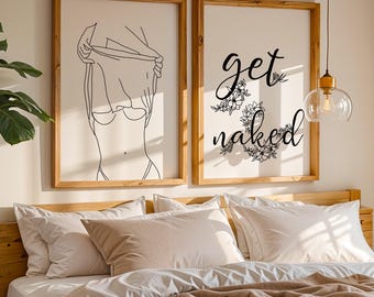 Get Naked Line Art Poster Set - Floral Typography Bedroom Wall Decor