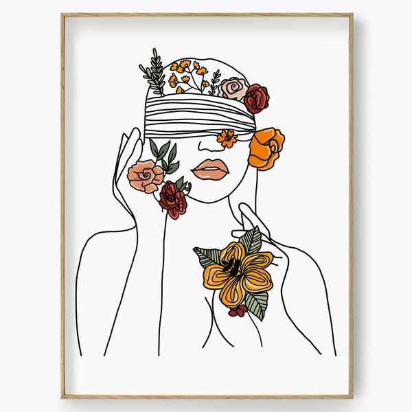 Pastel Flowers Woman Line Art Print, Boho Female Line Drawing, Floral Woman Portrait, Flowered Female Art, Sensual Bedroom Wall Art Poster