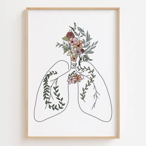 Impresión de arte lineal de pulmones con flores, arte de pared con anatomía de los pulmones, ilustración de los pulmones, dibujo de los pulmones, póster de arte médico, regalo para neumólogo, regalo para médico
