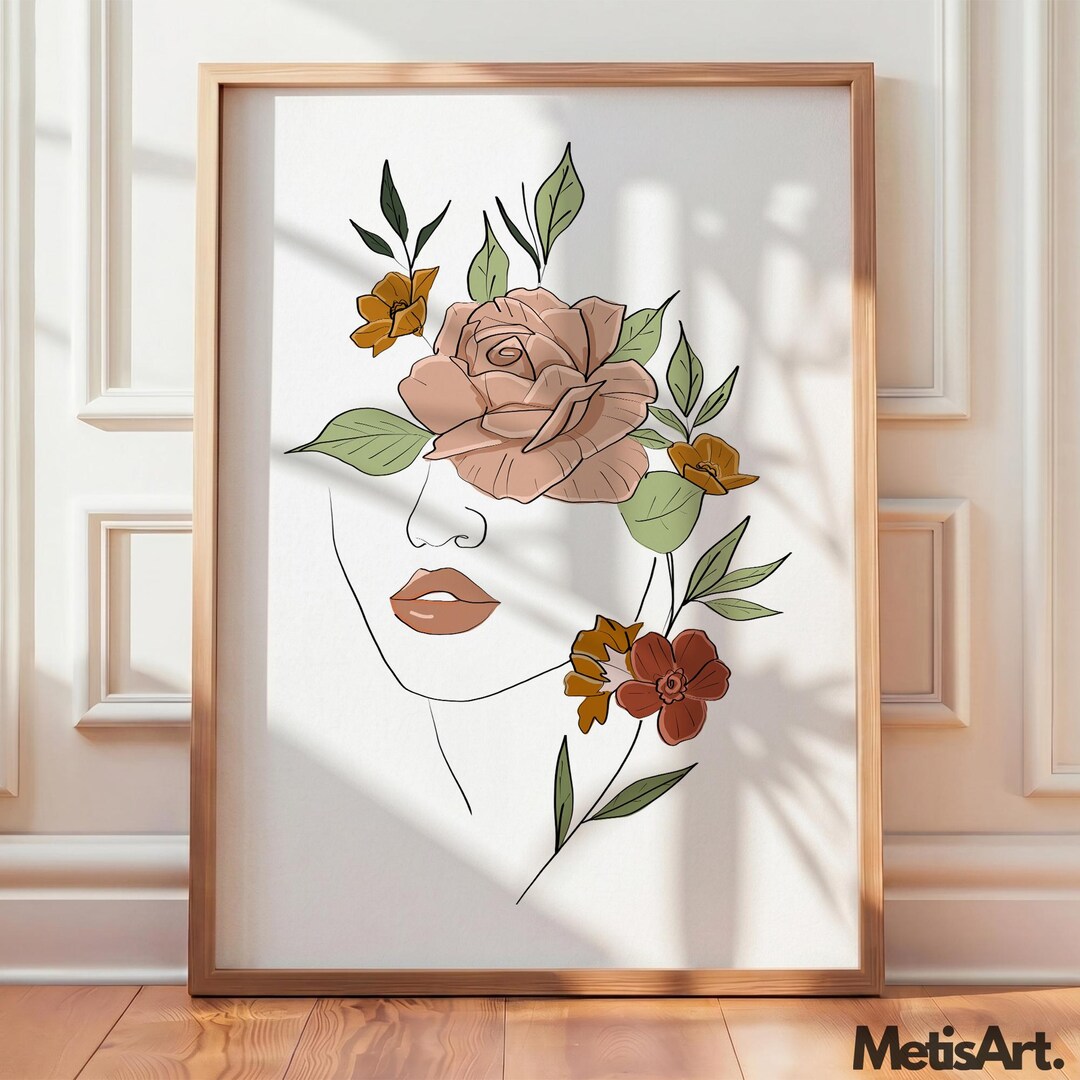 Buy Boho Woman Line Art Print: Blush Pink Floral Face (digital Download ...