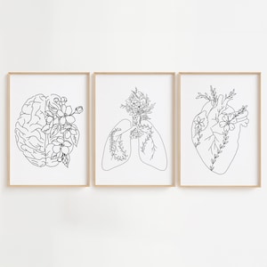 Floral Human Anatomy Medical Poster Set, Floral Heart Brain Lungs Print, Set of 3, Minimal Nurse Gift, Printable Doctor Office Wall Decor