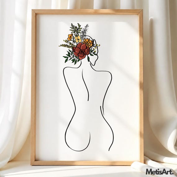 Floral Head Woman Back Line Art - Minimalist Female Figure Botanical Wall Decor