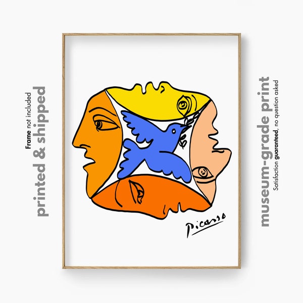 Colorful Picasso Sketch, Abstract Faces Print, Woman Line Drawing, Cubism Wall Art, Famous Art Print, Dove of Peace Art, Gallery Artwork