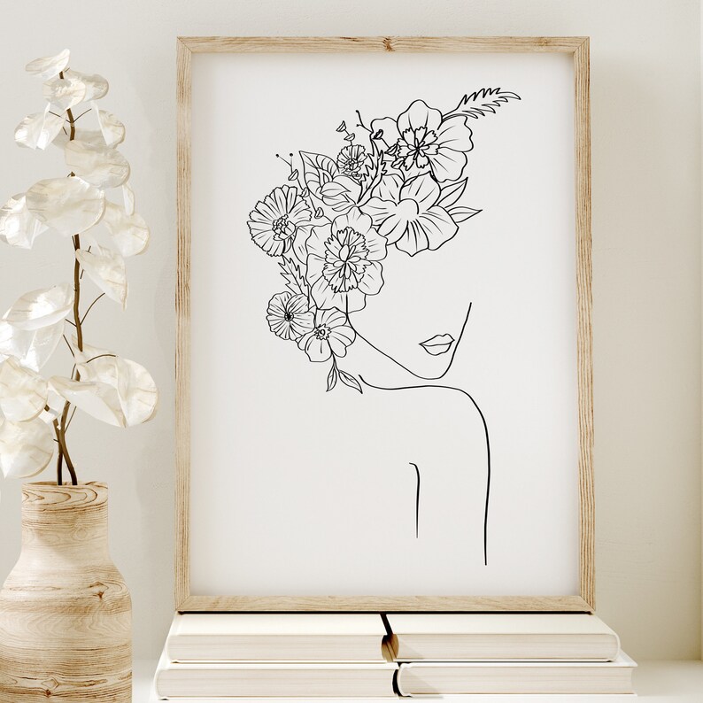 Woman Flower Head Line Art Female Flower Head Wall Art Etsy