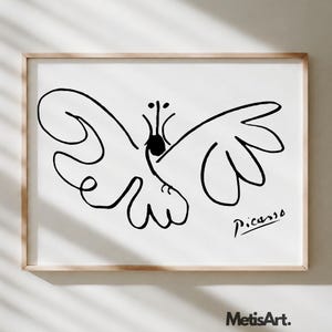 May include: A framed wall art print featuring a black line drawing of a butterfly on a white background. The artwork displays a continuous, fluid stroke style with the signature Picasso written in black ink in the bottom right corner of the print.