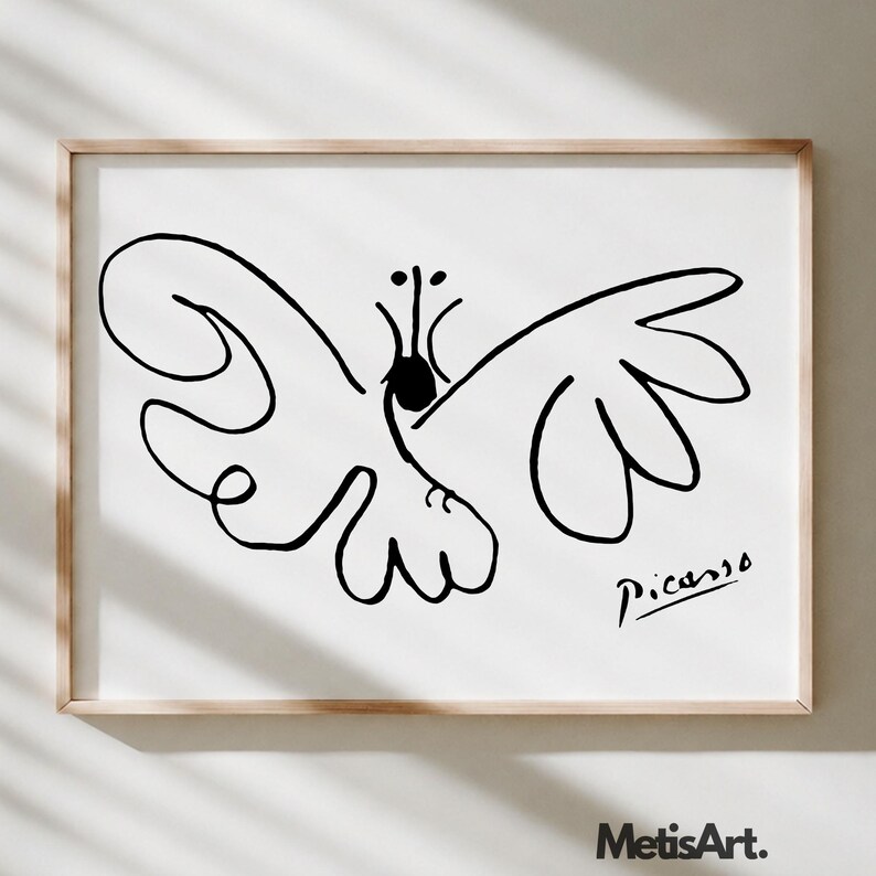 May include: A framed wall art print featuring a black line drawing of a butterfly on a white background. The artwork displays a continuous, fluid stroke style with the signature Picasso written in black ink in the bottom right corner of the print.